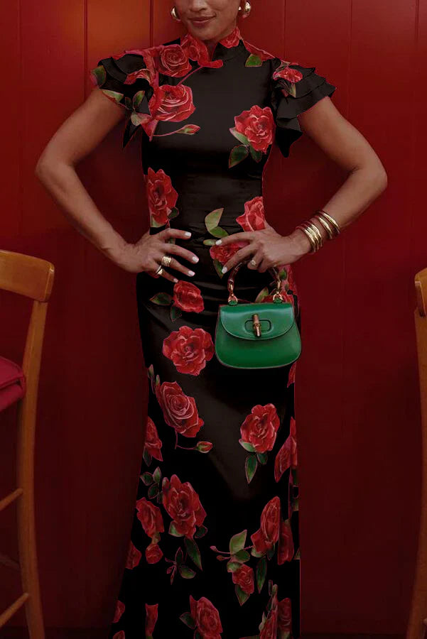 Mayra – Vestido Qipao Elegante con Estampado de Rosas