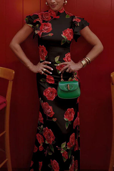 Mayra – Vestido Qipao Elegante con Estampado de Rosas