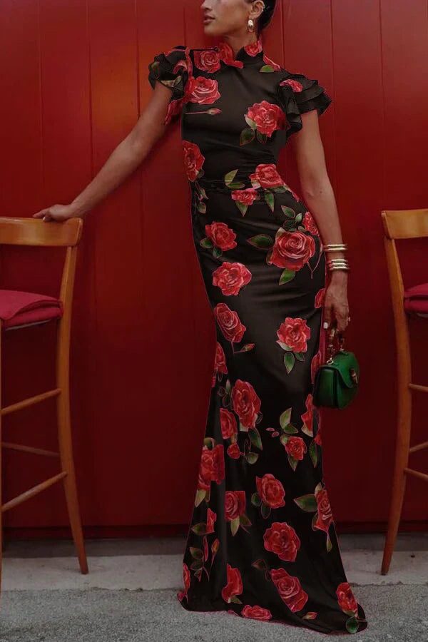 Mayra – Vestido Qipao Elegante con Estampado de Rosas